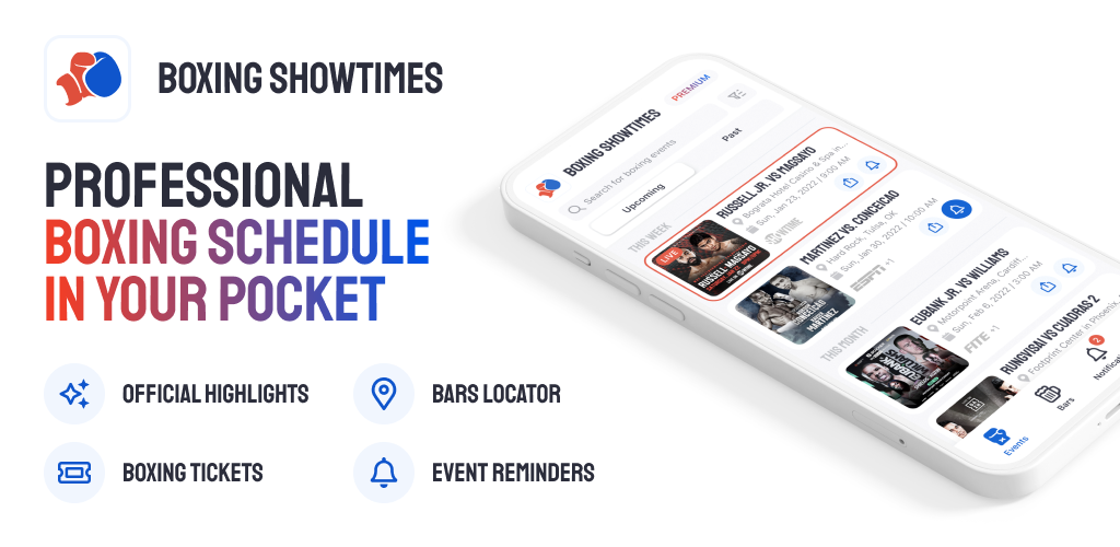 Boxing Showtimes mobile app interface